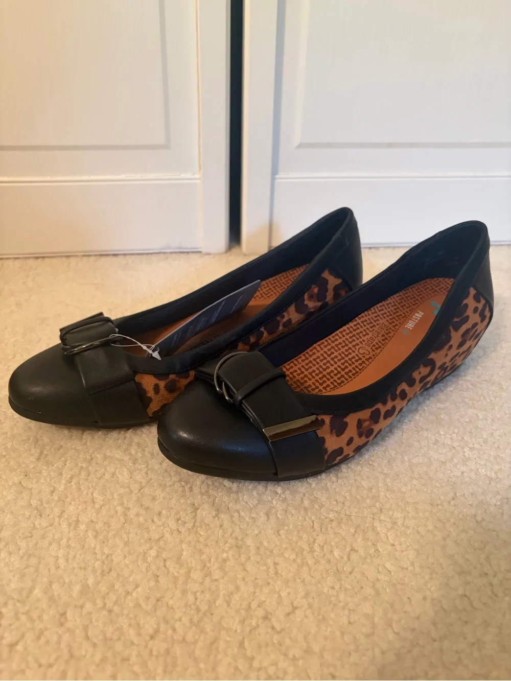 BareTraps Black and Leopard Print Buckle Ballet Flats